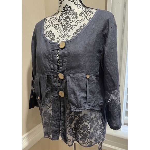 100% Linen Button Front Shacket Sz Med made in Italy Lagenlook Boho Hippie Blue - Picture 5 of 15